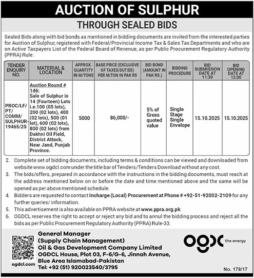 Oil & Gas Development Company Limited Islamabad Tender Notice